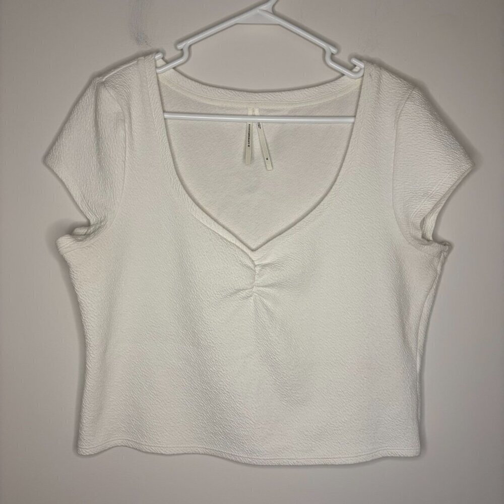 ANTHROPOLOGIE Cropped Top Womens XL White V-Neck Cap Slv Ruching Detail Summer